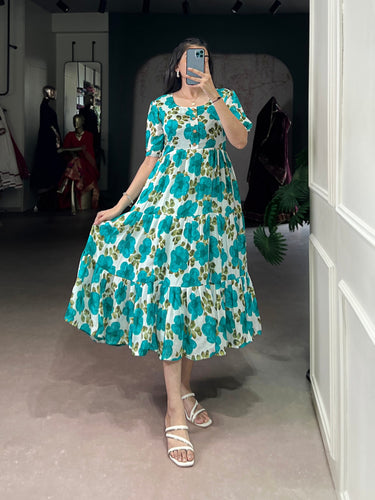 Firozi Vichitra Silk Floral Print Frock with 5-Meter Flair ClothsVilla