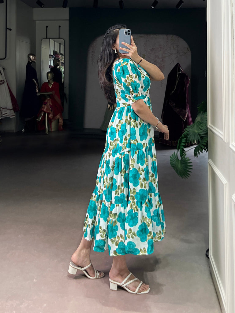 Firozi Vichitra Silk Floral Print Frock with 5-Meter Flair ClothsVilla