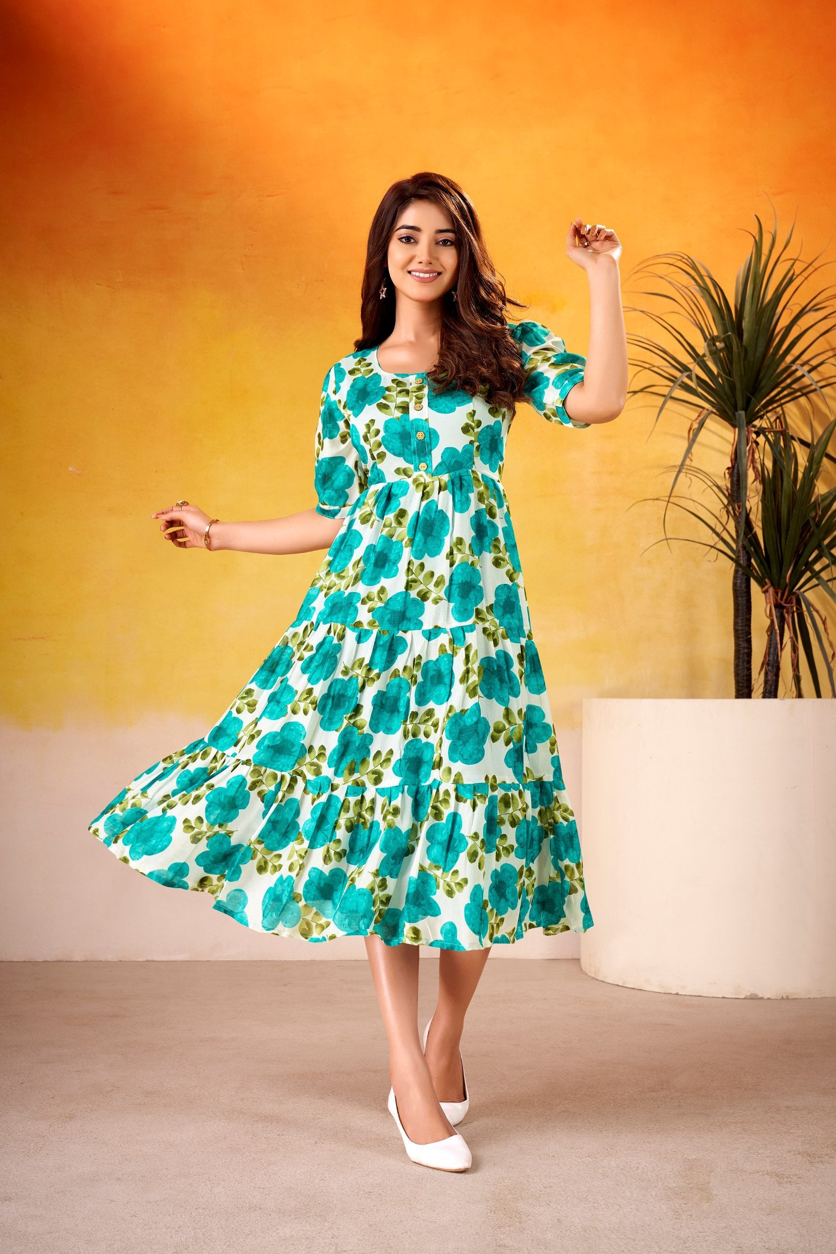Firozi Vichitra Silk Floral Print Frock with 5-Meter Flair ClothsVilla Main image
