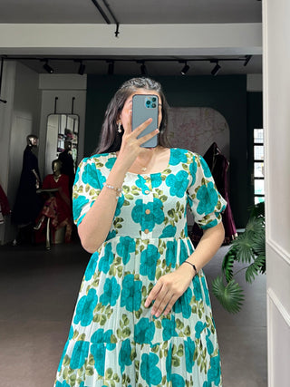 Firozi Vichitra Silk Floral Print Frock with 5-Meter Flair ClothsVilla