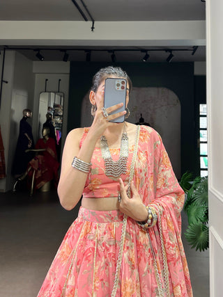Floral Foil Print Chiffon Lehenga ClothsVilla