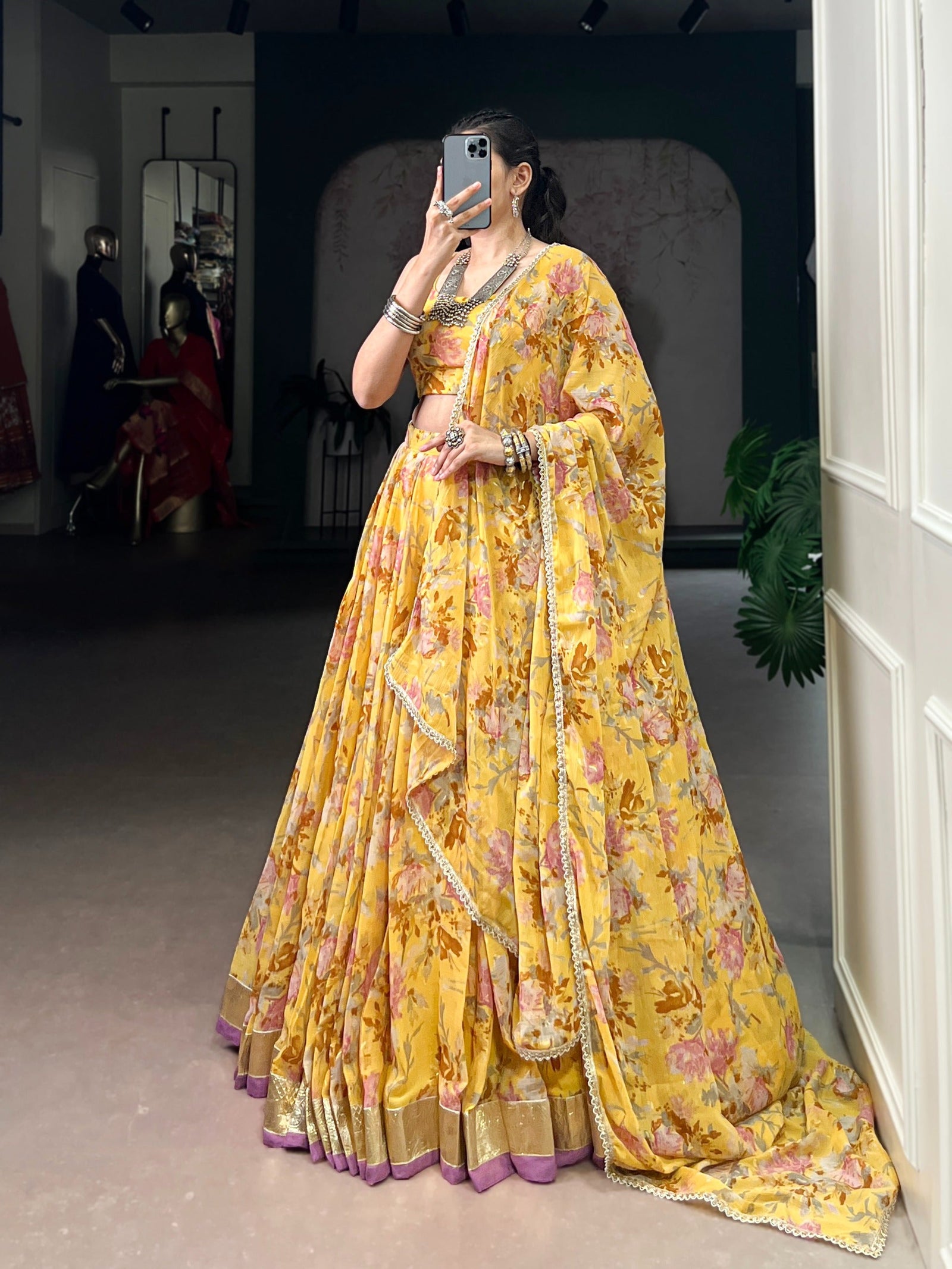 Floral Foil Print Chiffon Lehenga ClothsVilla