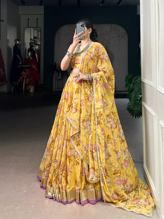 Floral Foil Print Chiffon Lehenga ClothsVilla