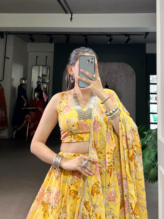 Floral Foil Print Chiffon Lehenga ClothsVilla