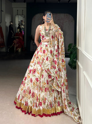Floral Foil Print Chiffon Lehenga ClothsVilla