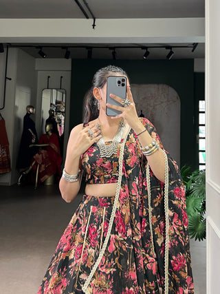 Floral Foil Print Chiffon Lehenga ClothsVilla
