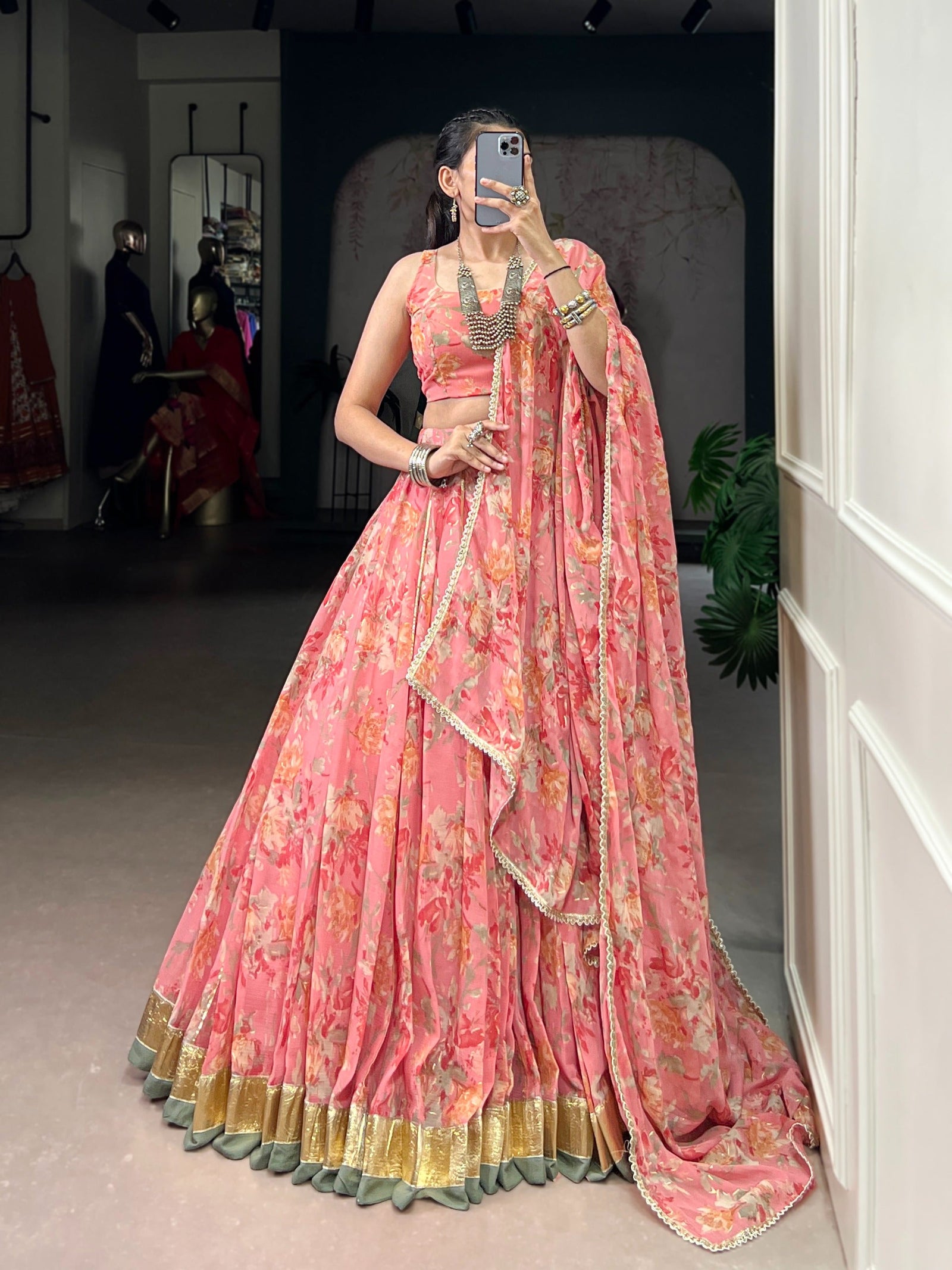 Floral Foil Print Chiffon Lehenga ClothsVilla