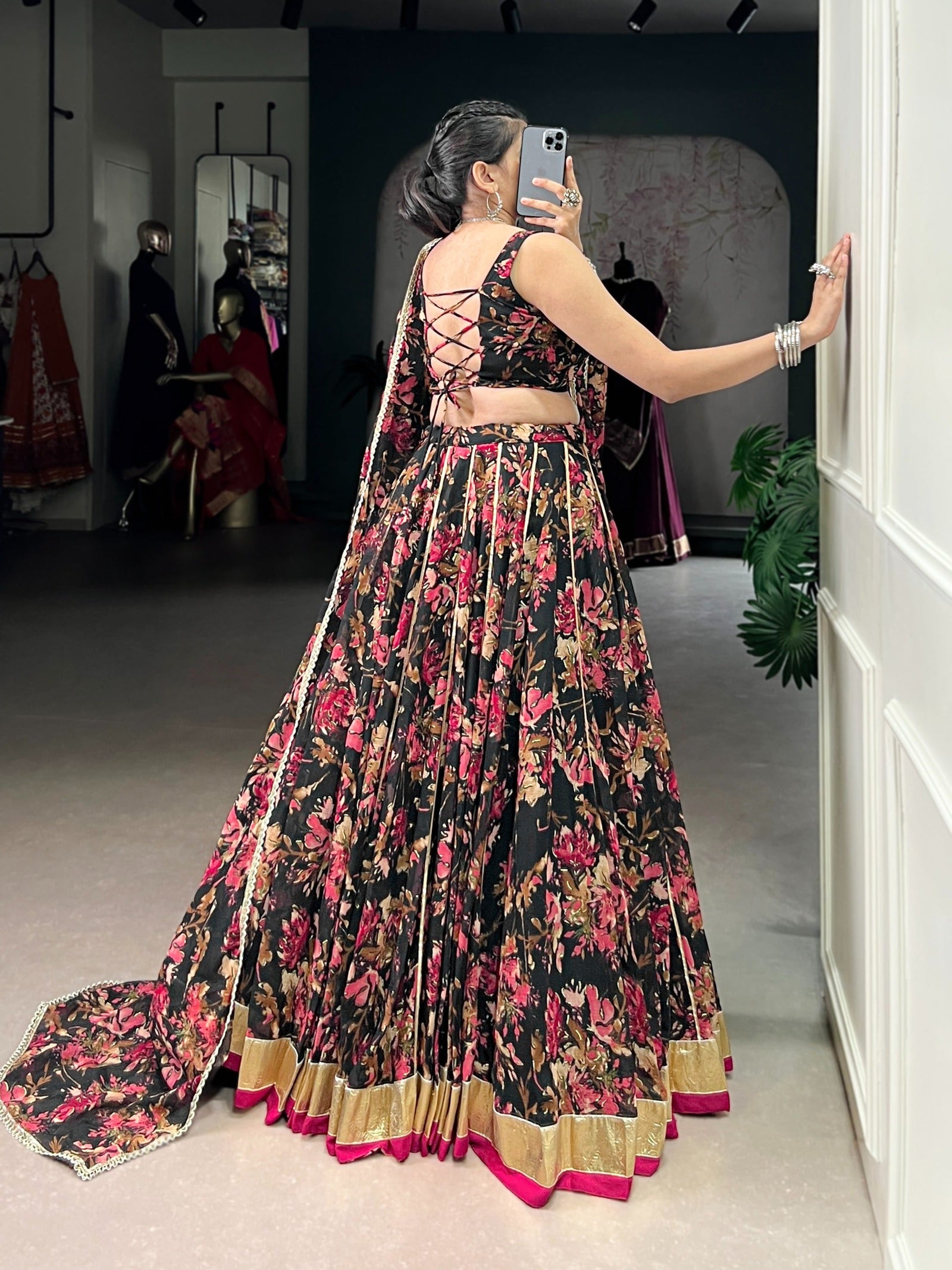 Floral Foil Print Chiffon Lehenga ClothsVilla