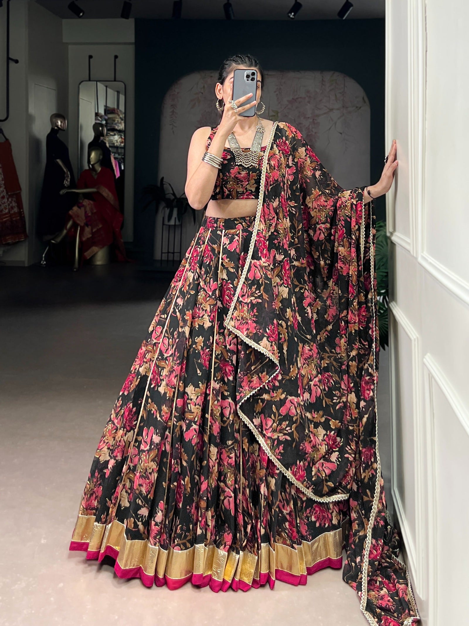 Floral Foil Print Chiffon Lehenga ClothsVilla