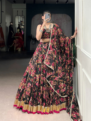 Floral Foil Print Chiffon Lehenga ClothsVilla