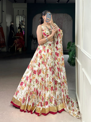 Floral Foil Print Chiffon Lehenga ClothsVilla