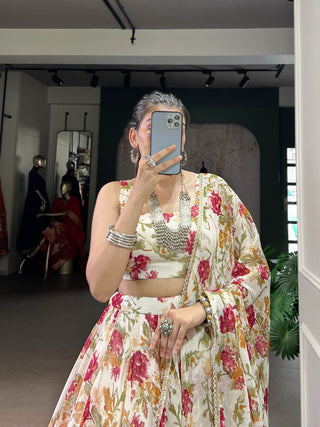 Floral Foil Print Chiffon Lehenga ClothsVilla
