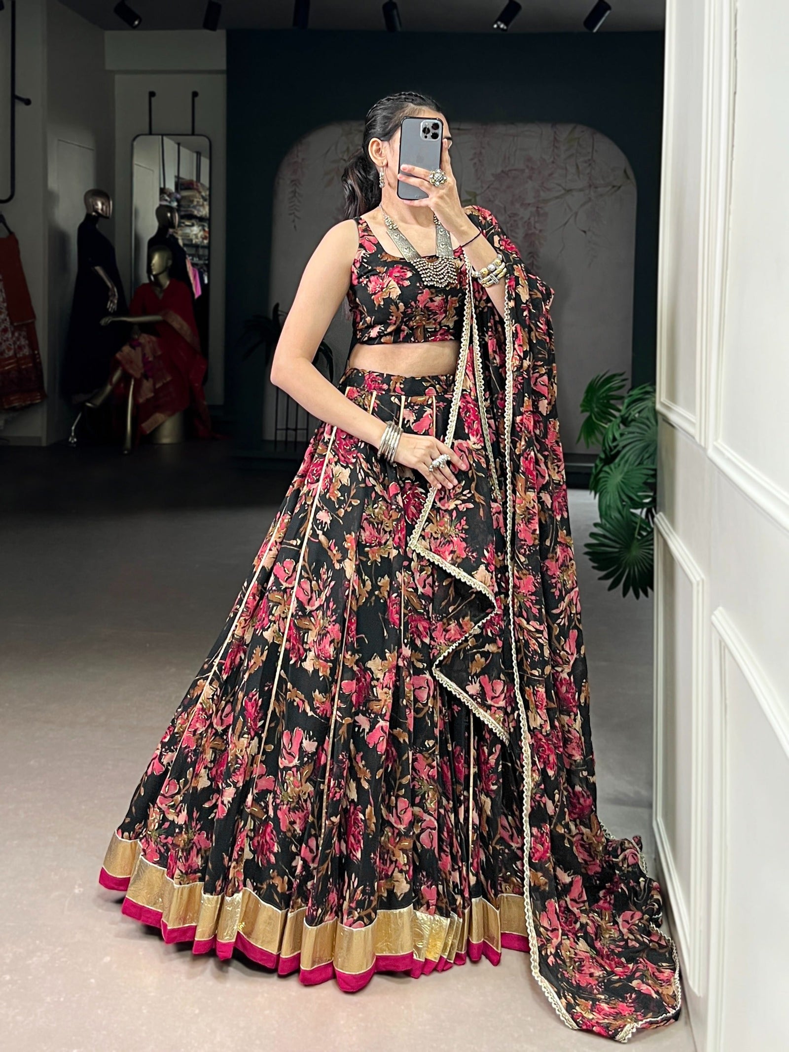 Floral Foil Print Chiffon Lehenga ClothsVilla
