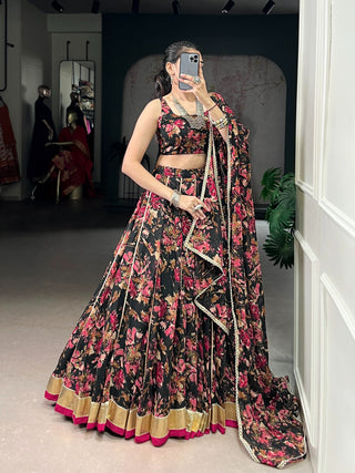 Floral Foil Print Chiffon Lehenga ClothsVilla