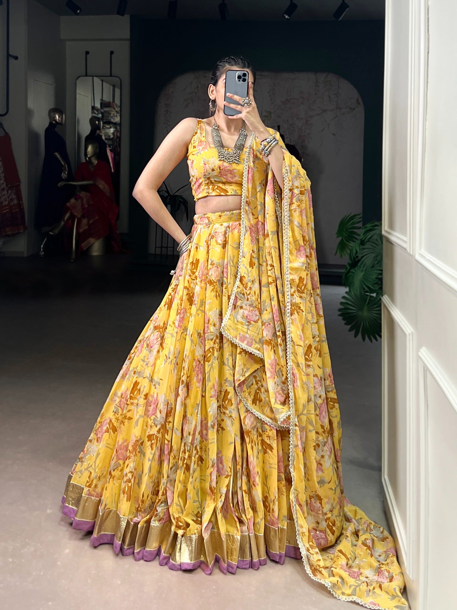 Floral Foil Print Chiffon Lehenga ClothsVilla