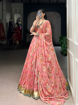Floral Foil Print Chiffon Lehenga ClothsVilla