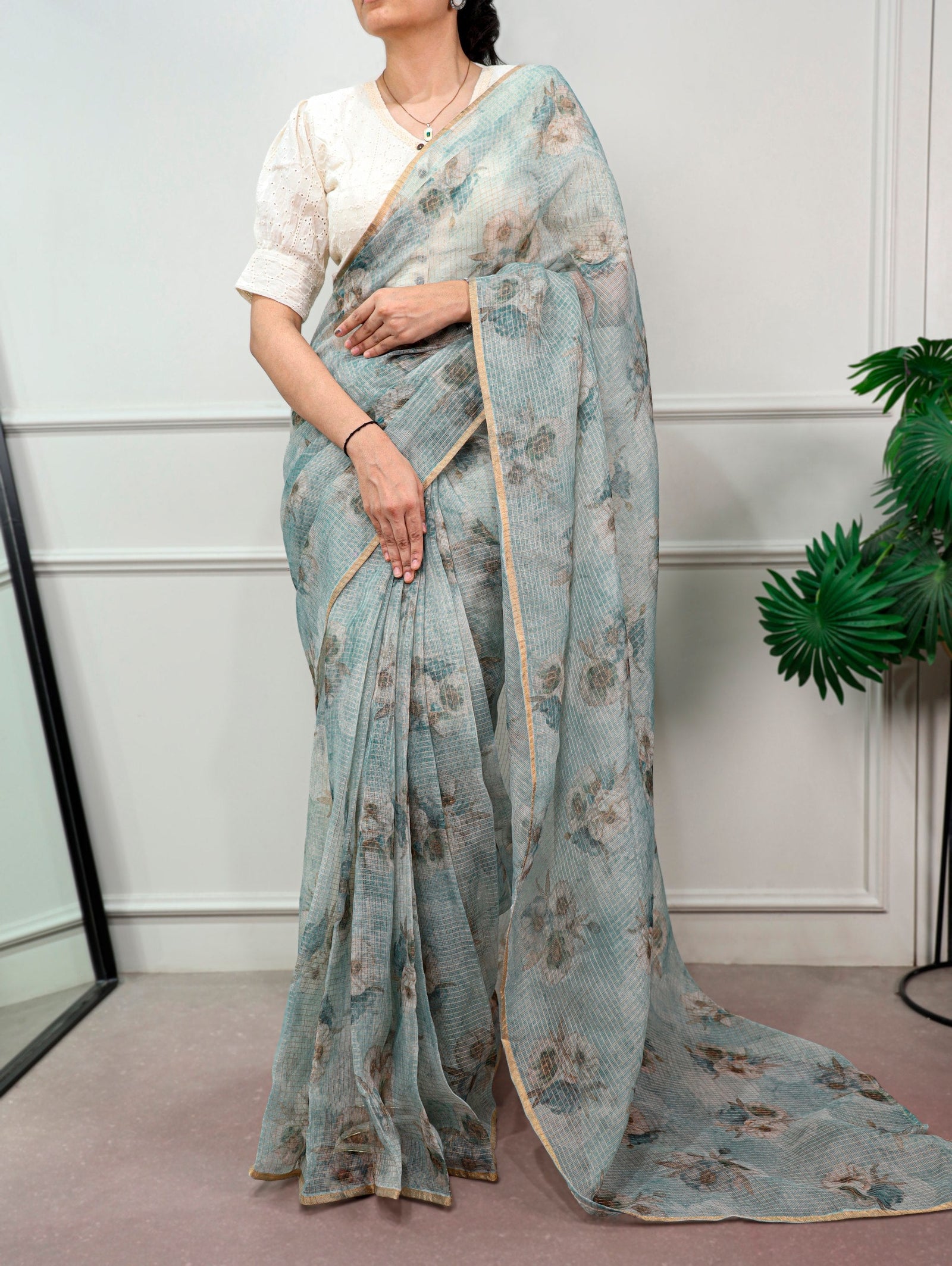 Floral Print Kota Doria Saree ClothsVilla