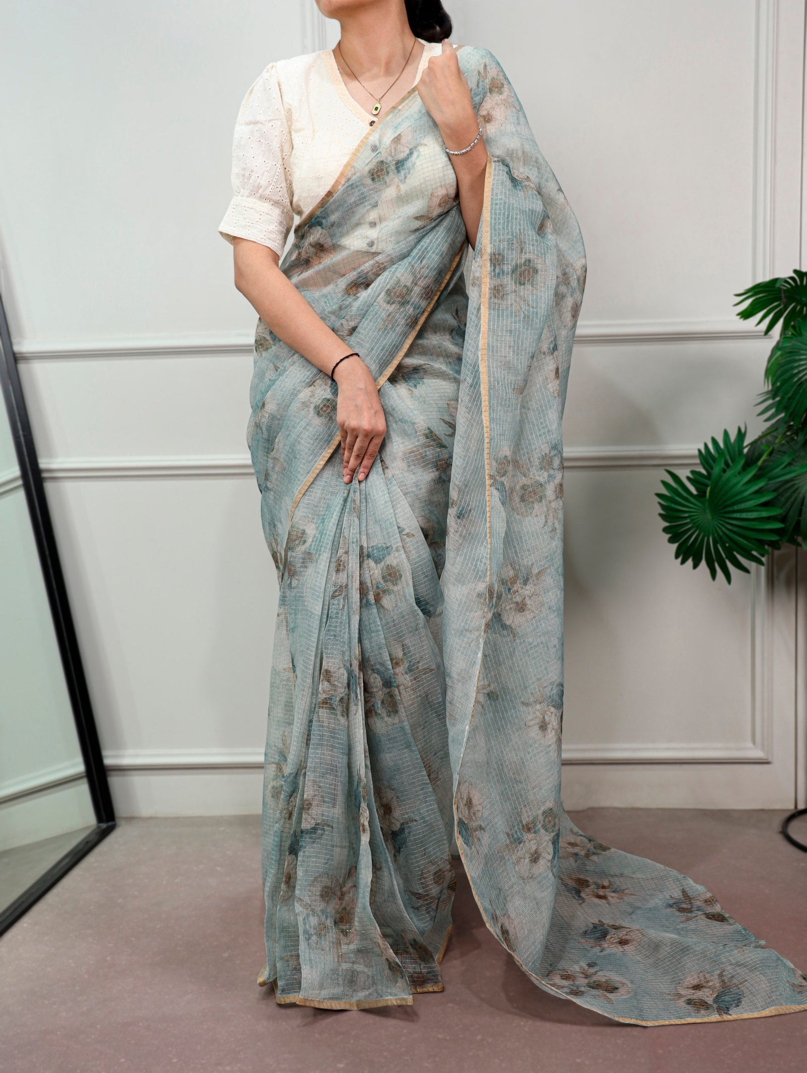 Floral Print Kota Doria Saree ClothsVilla