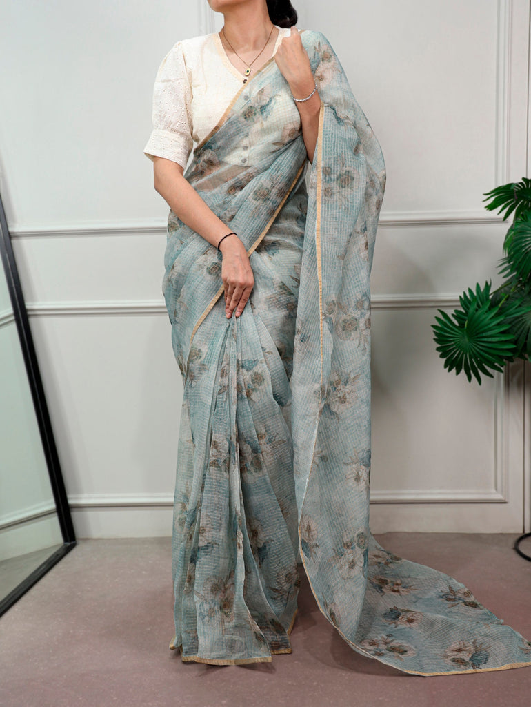 Floral Print Kota Doria Saree ClothsVilla