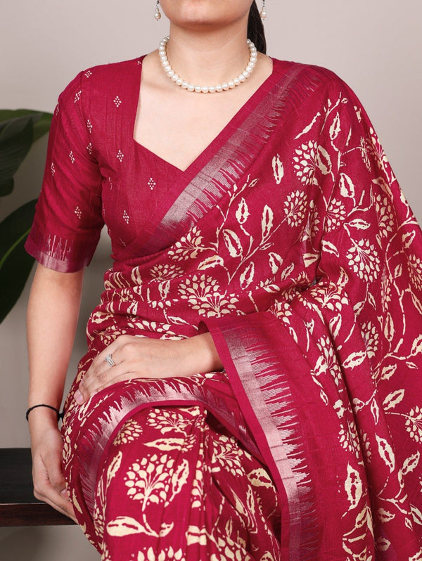 Floral Printed Slub Silk Saree ClothsVilla