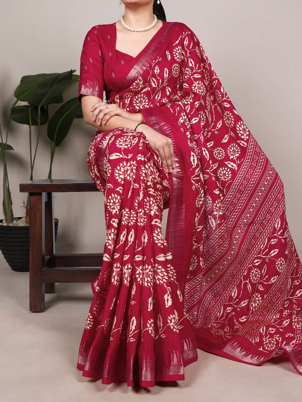 Floral Printed Slub Silk Saree ClothsVilla