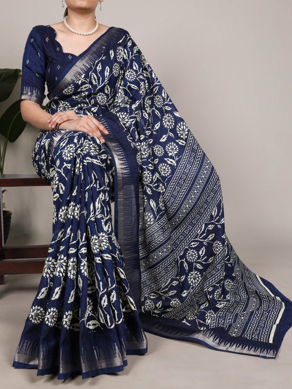 Floral Printed Slub Silk Saree ClothsVilla
