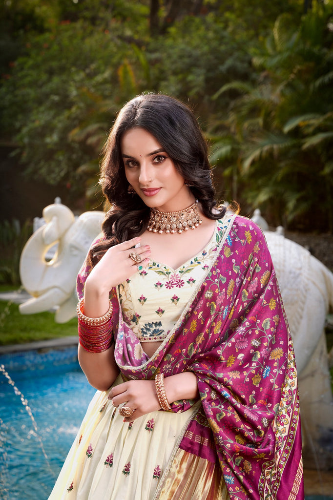 Flower Traditional Khadi Cotton Embroidered Lehenga Set with Printed Gaji Silk Dupatta & Tassels ClothsVilla