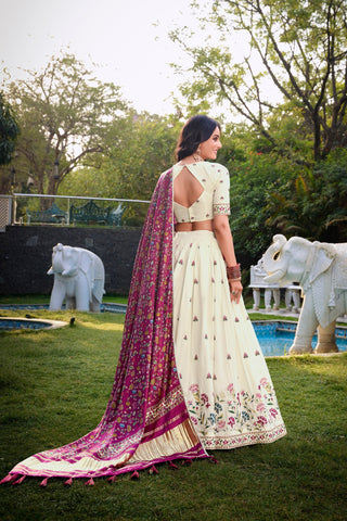Flower Traditional Khadi Cotton Embroidered Lehenga Set with Printed Gaji Silk Dupatta & Tassels ClothsVilla