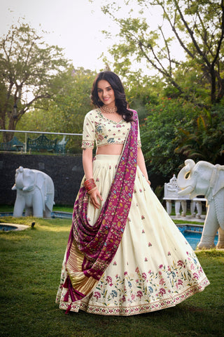 Flower Traditional Khadi Cotton Embroidered Lehenga Set with Printed Gaji Silk Dupatta & Tassels ClothsVilla