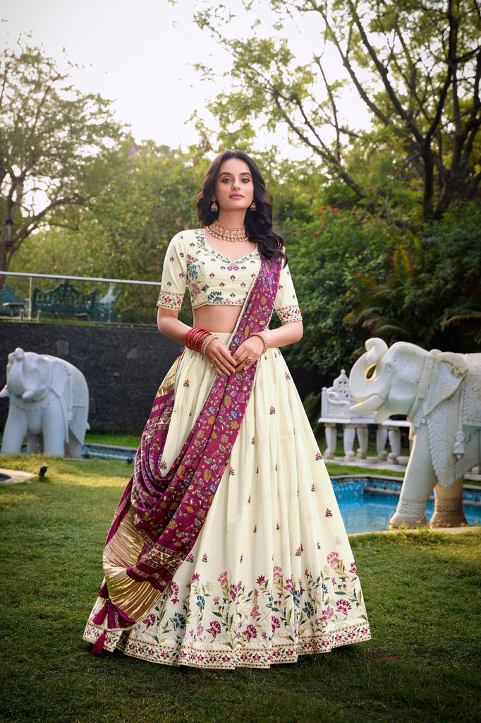 Flower Traditional Khadi Cotton Embroidered Lehenga Set with Printed Gaji Silk Dupatta & Tassels ClothsVilla