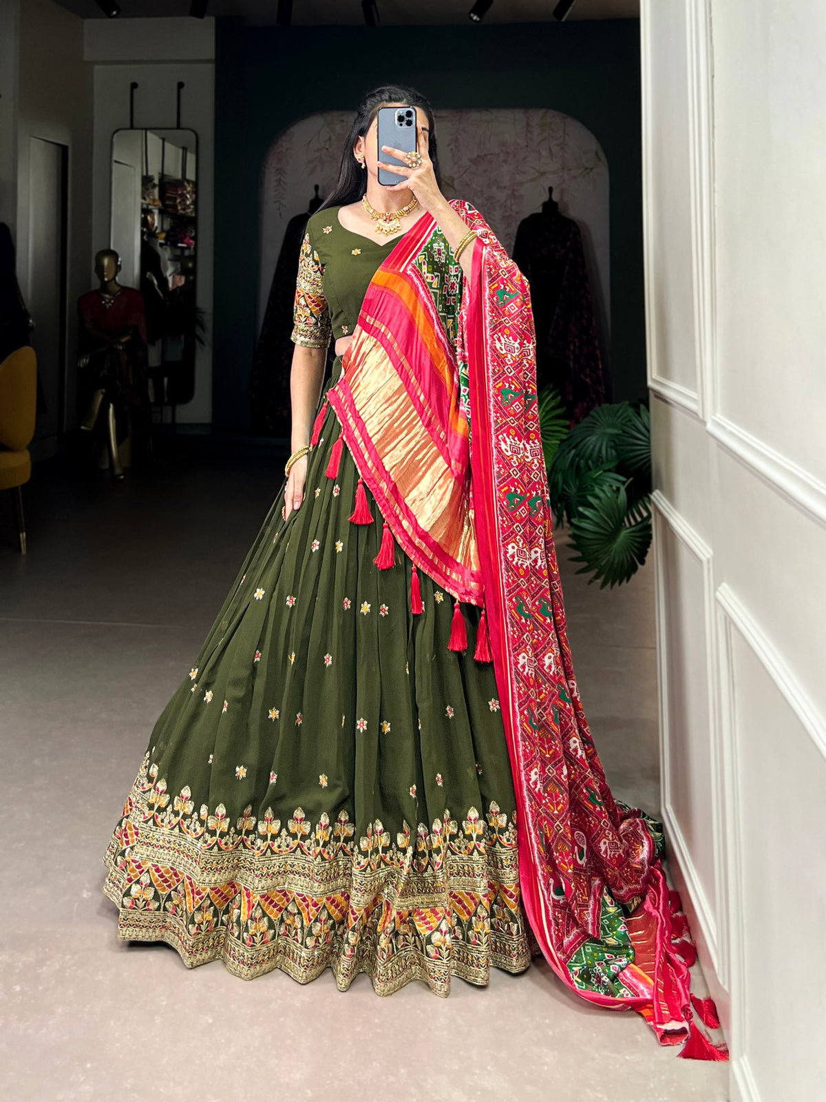 Forest Green Dazzle with Every Drape – Georgette Embroidered Lehenga Set ClothsVilla Main image