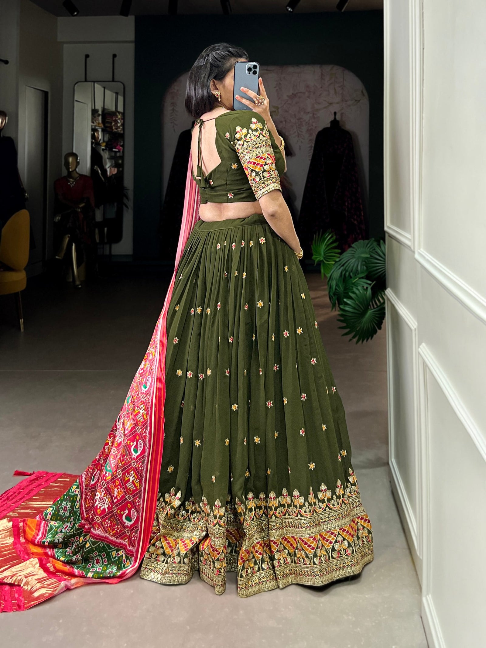 Forest Green Dazzle with Every Drape – Georgette Embroidered Lehenga Set ClothsVilla
