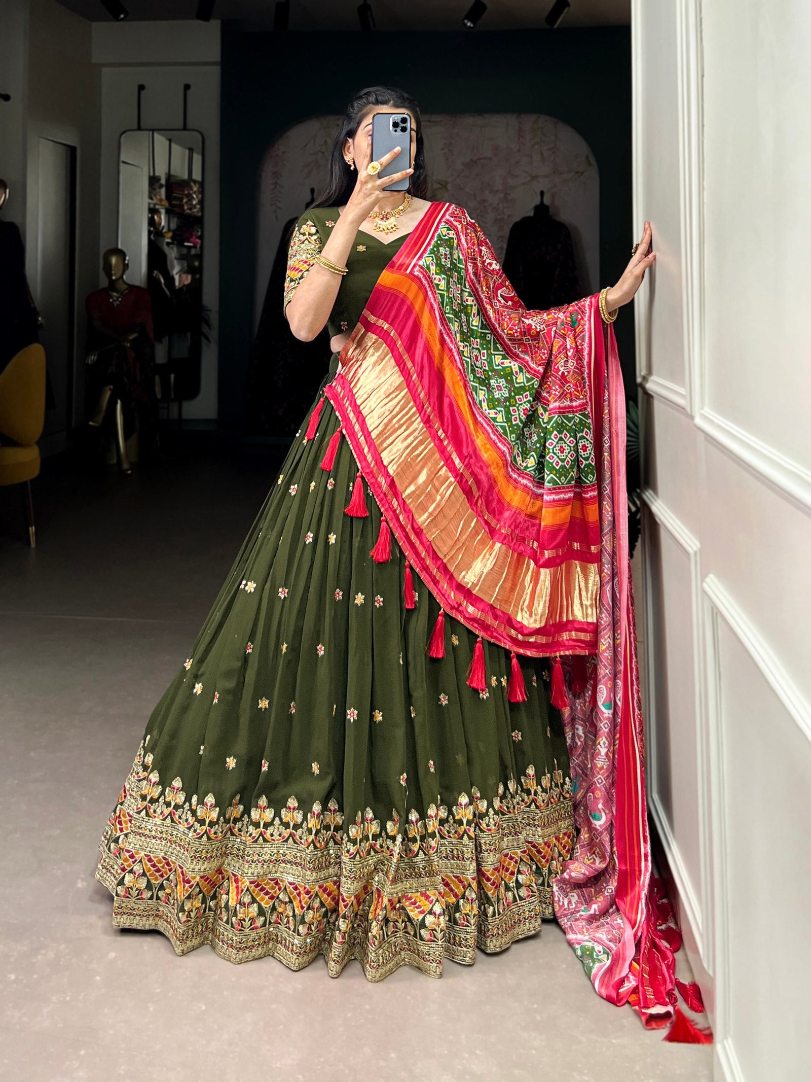 Forest Green Dazzle with Every Drape – Georgette Embroidered Lehenga Set ClothsVilla