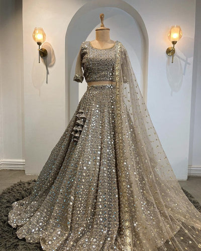 Fox Georgette Grey Lehenga Choli Dupatta Set with Paper Mirror & Jari Work ClothsVilla