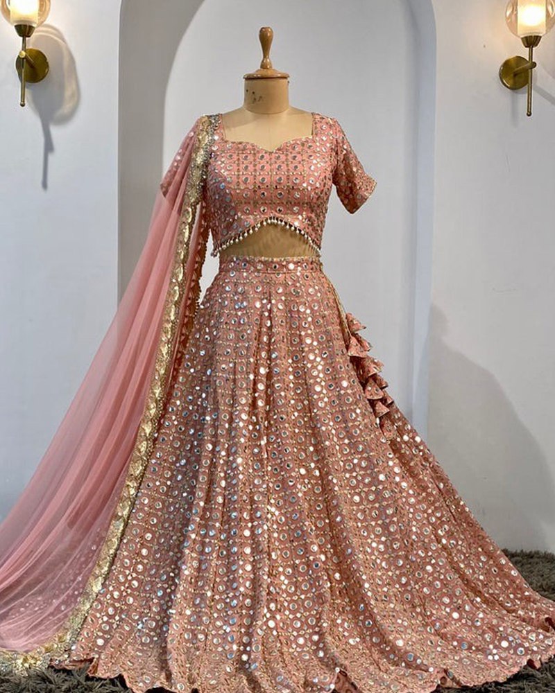 Fox Georgette Peach Lehenga Choli Dupatta Set with Paper Mirror & Jari Work ClothsVilla