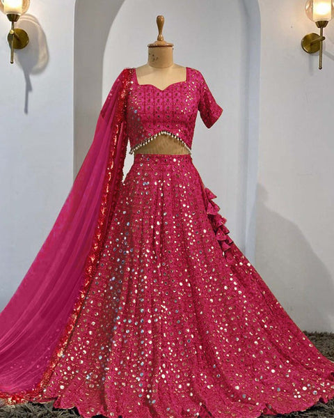 Fox Georgette Red Lehenga Choli Dupatta Set with Paper Mirror & Jari Work ClothsVilla Main image