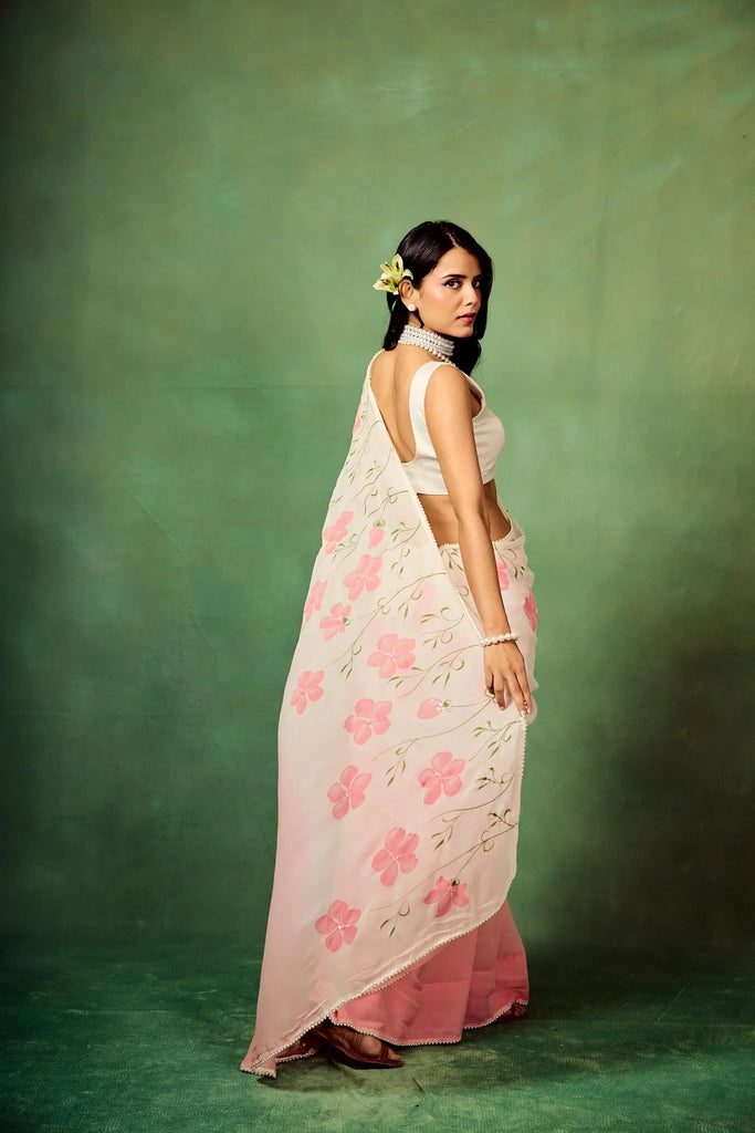 Blush Pink Pure Georgette Hand-Painted Floral Saree with White Motifs & Sequin Accents – Modal Satin Blouse FANCY SAREES