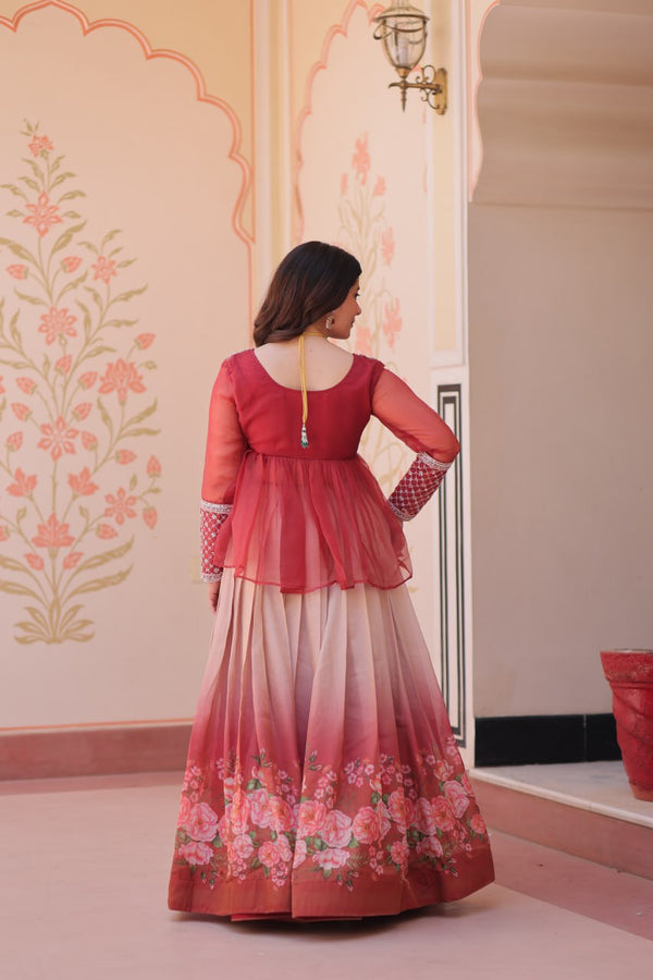 Gajri Elegant Floral Cosmos Print Lehenga Set with Embroidered Peplum Top ClothsVilla