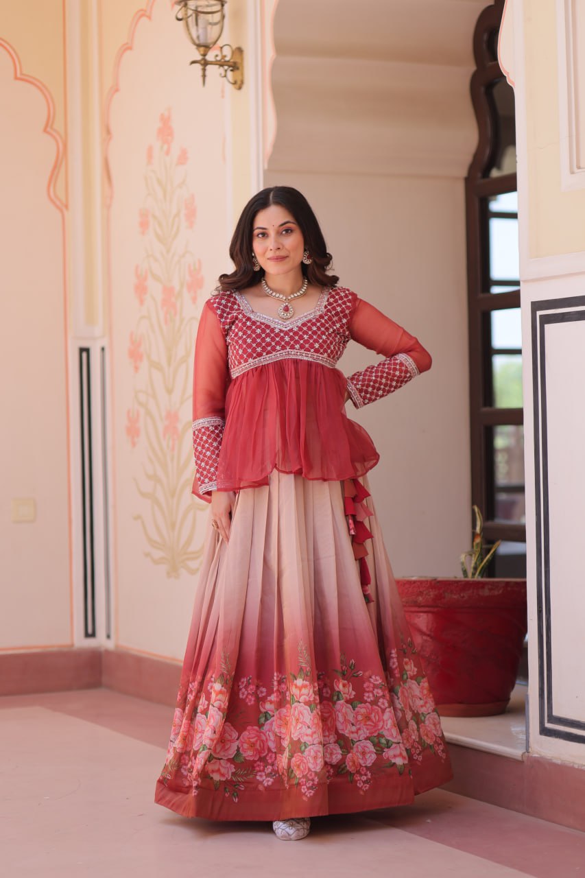 Gajri Elegant Floral Cosmos Print Lehenga Set with Embroidered Peplum Top ClothsVilla