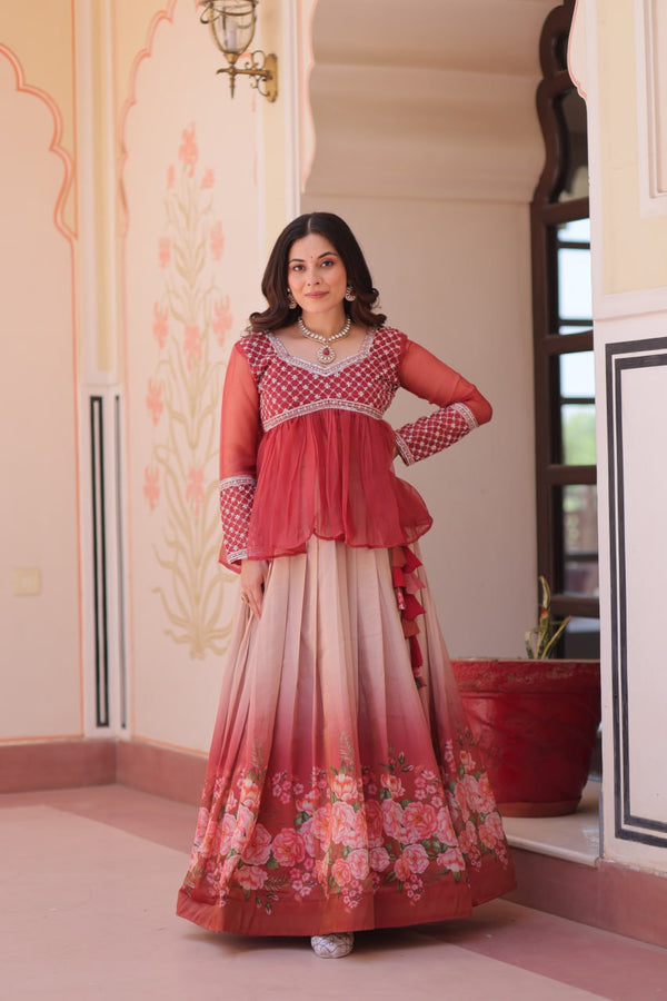 Gajri Elegant Floral Cosmos Print Lehenga Set with Embroidered Peplum Top ClothsVilla