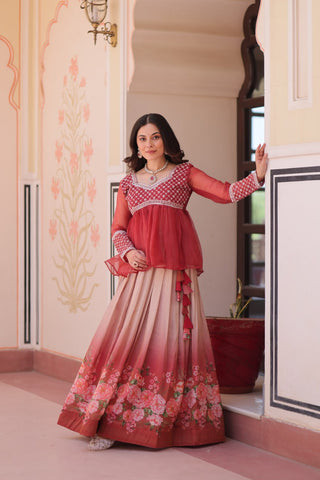 Gajri Elegant Floral Cosmos Print Lehenga Set with Embroidered Peplum Top ClothsVilla