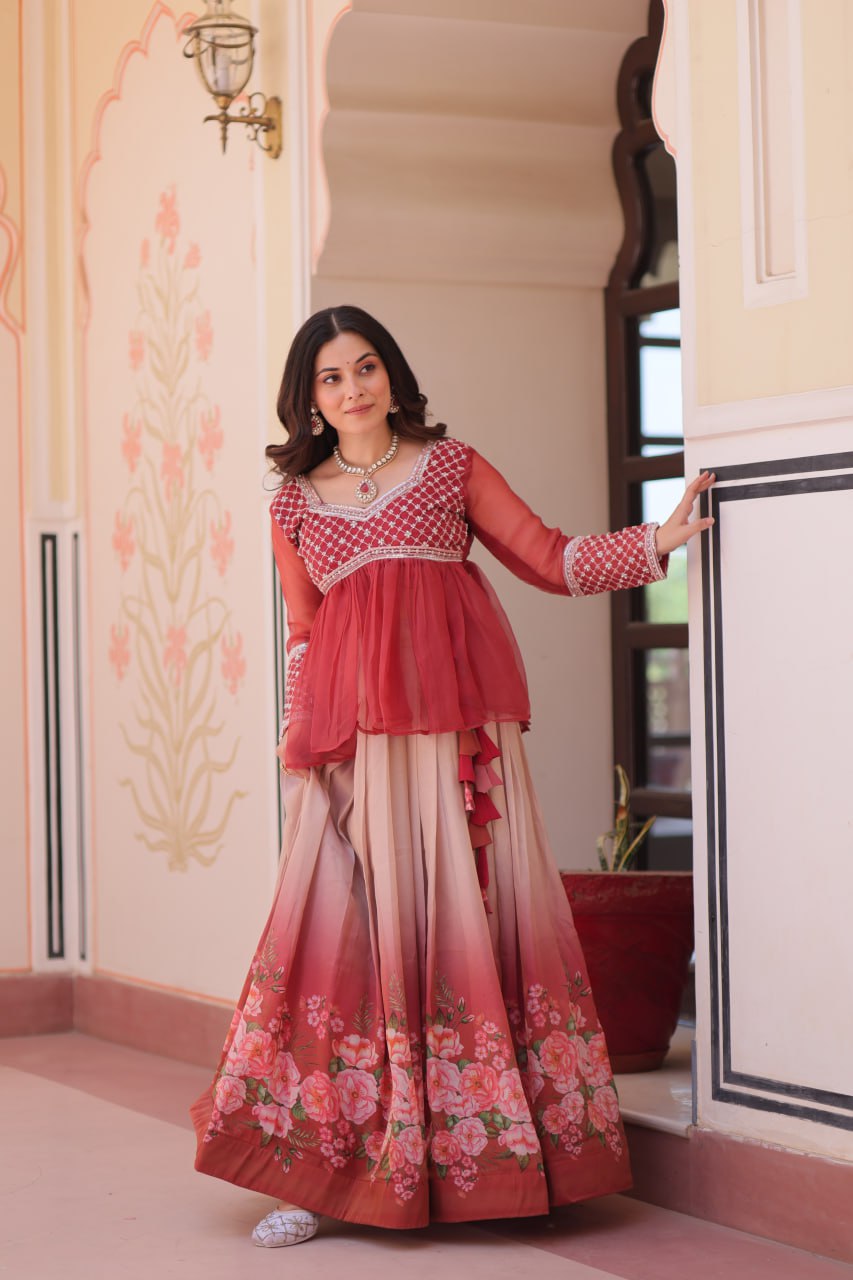 Gajri Elegant Floral Cosmos Print Lehenga Set with Embroidered Peplum Top ClothsVilla