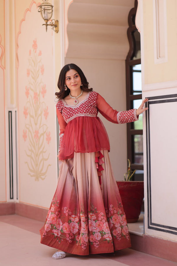 Gajri Elegant Floral Cosmos Print Lehenga Set with Embroidered Peplum Top ClothsVilla