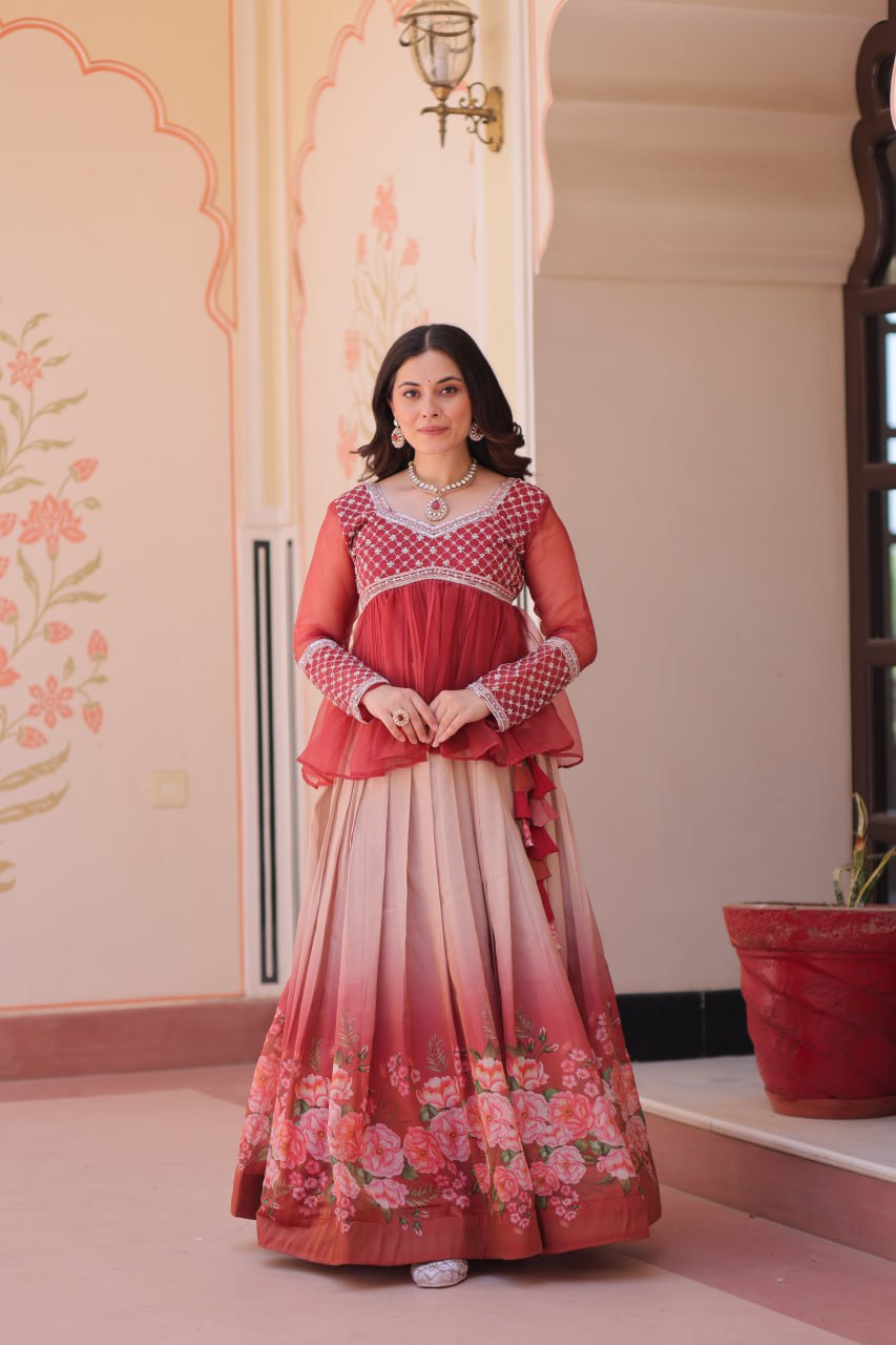 Gajri Elegant Floral Cosmos Print Lehenga Set with Embroidered Peplum Top ClothsVilla