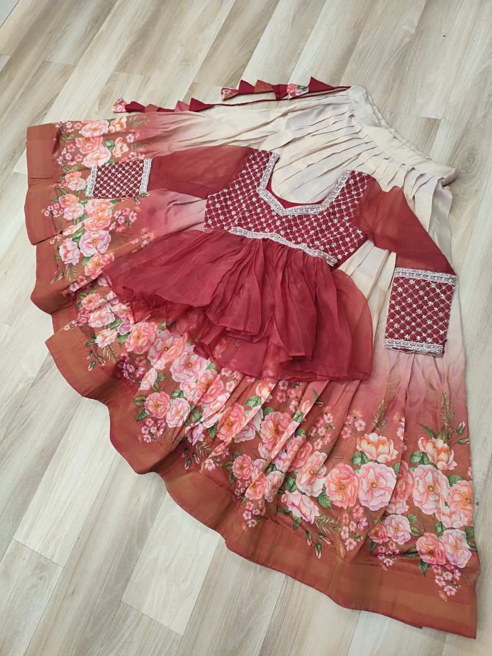 Gajri Elegant Floral Cosmos Print Lehenga Set with Embroidered Peplum Top ClothsVilla