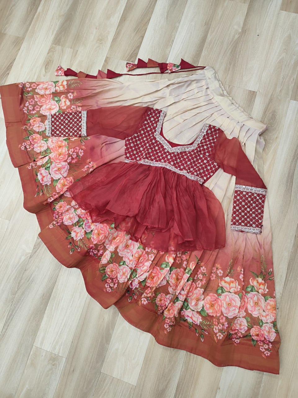 Gajri Elegant Floral Cosmos Print Lehenga Set with Embroidered Peplum Top ClothsVilla