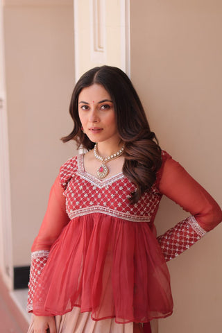 Gajri Elegant Floral Cosmos Print Lehenga Set with Embroidered Peplum Top ClothsVilla