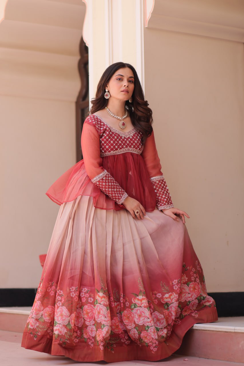 Gajri Elegant Floral Cosmos Print Lehenga Set with Embroidered Peplum Top ClothsVilla
