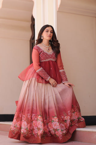 Gajri Elegant Floral Cosmos Print Lehenga Set with Embroidered Peplum Top ClothsVilla