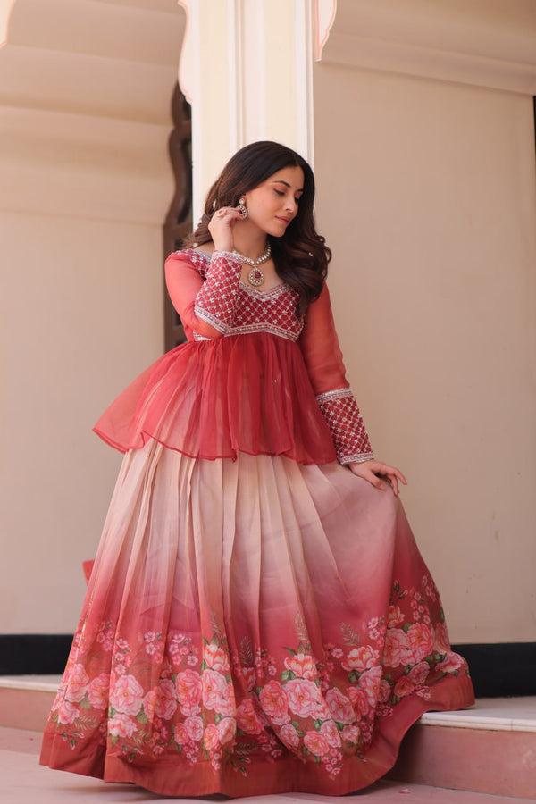 Gajri Elegant Floral Cosmos Print Lehenga Set with Embroidered Peplum Top ClothsVilla